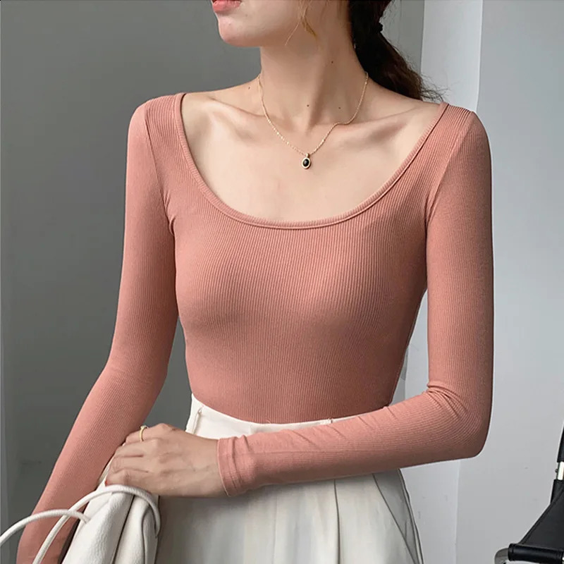 #0409 Stretch Cotton Long Sleeve T Shirt Women U Neck Sexy Skinny Tshirt Female Solid Color Womens Tee Spring Autumn 241021