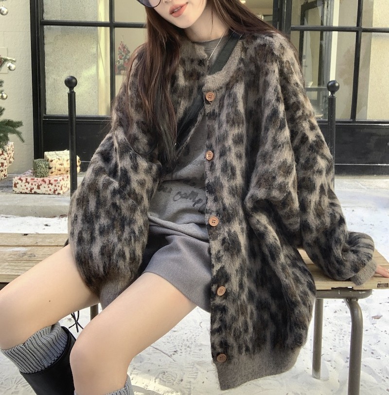 Women's Knits American Vintage Leopard Winter Cardigans Full Sleeve Knitted Sweaters Basic Knitwear Loose Jacket Leisure Tops