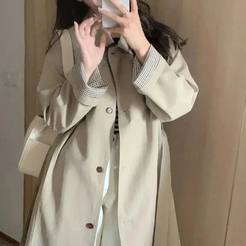 Elegant Fashion Trench Coat Women Autumn Single Breasted Turn Down Collar Long Sleeve Mid Length Coat Korean Streetwear Bf Coat 241010