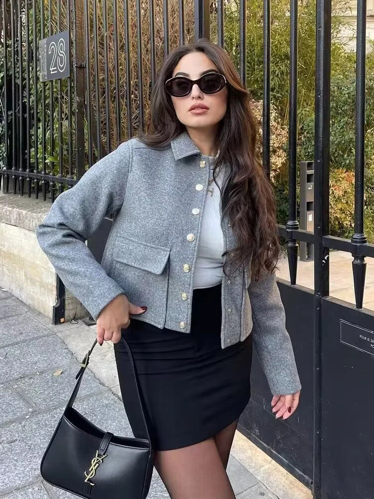 Y2K TRAF Fashion Rotating Neck Womens Jacket 2024 Autumn Womens Single breasted Pocket Jacket Womens Solid Jacket 241021