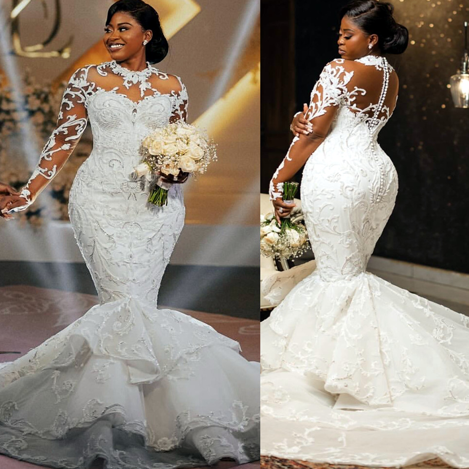 2024 Arabe Aso Ebi plus taille Ivory Sirène Roches de mariée en dentelle Per perle Perce Vintage Elegant Bridal Robes Robe ZJ059