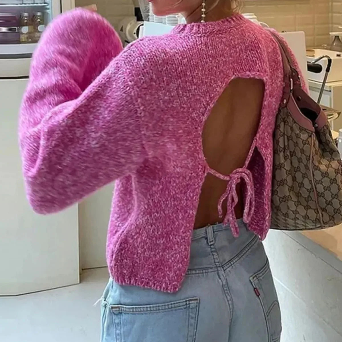 Women Solid Knit O-neck Back Cut Out Sweater Oversized Lace-up Long Sleeve Crop Top Autumn Spring Sexy Highstreet Cloth Knitwear 241010