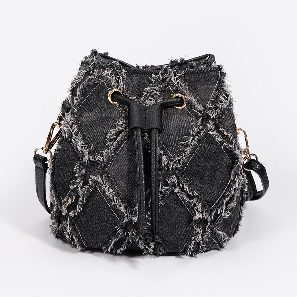 trend new model Women Tassel Shoulder New Denim Mini Crossbody Purse Solid Color Drawstring trend Bucket Bag Dia Lattice wrap Daily Outdoor Handbag
