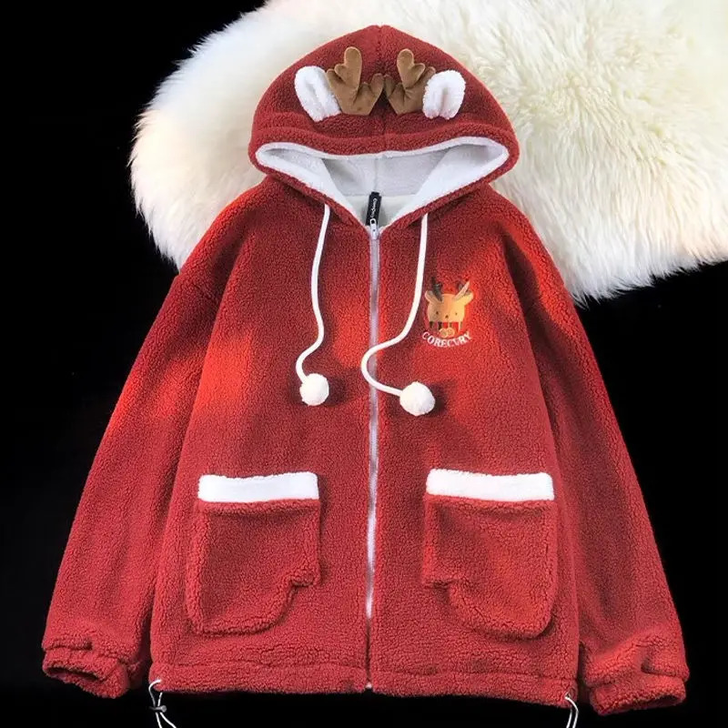 Harajuku oversized Christmas reindeer cashmere hoodie mens and womens autumn and winter hoodies 241021