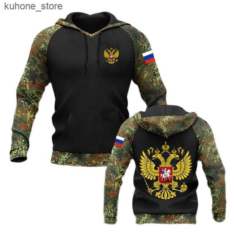 Sweats à capuche de taille plus masculine Russie National Emblem Camo Imprimez le camouflage russe pour les pulls sportifs sur piste L240910
