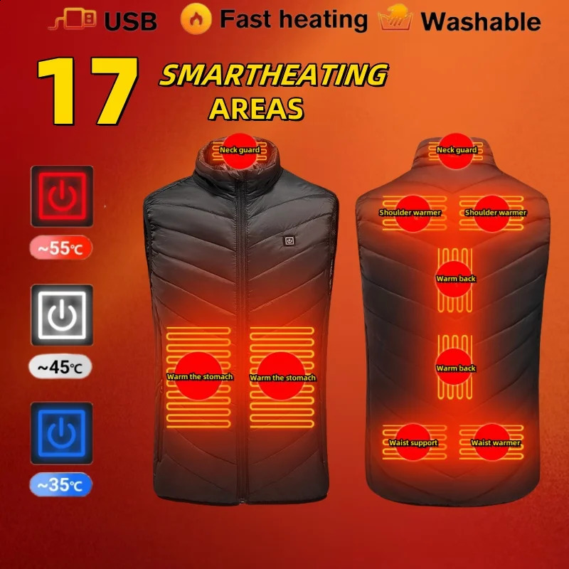 17Areas Heating Vest Men Winter USB Smart Temperature Control Jacket Selfheating Clothes Women Snow Lightweight Sleeveless Coat 241021