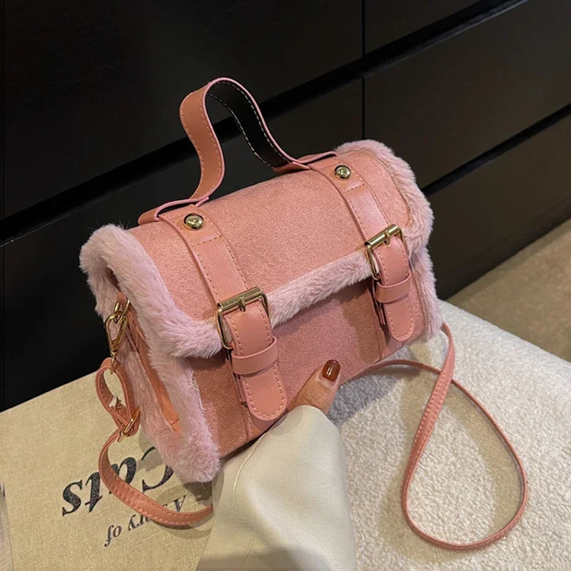 Winter womens cross body/shoulder bag cashmere velvet bag womens small square handbag PU leather soft plush messenger bag 241021