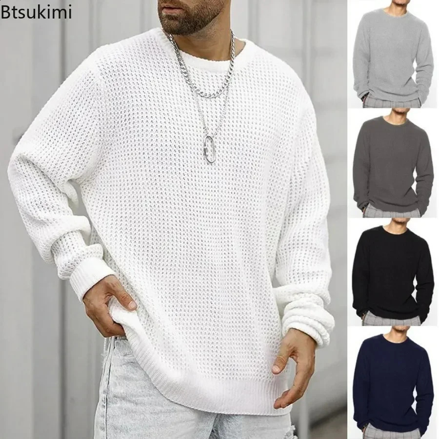 2024 Mens Knitted Sweater Autumn/Winter Fashion Solid Color Loose Floral Mens Casual Long Sleeve Round Neck Sweater 241021