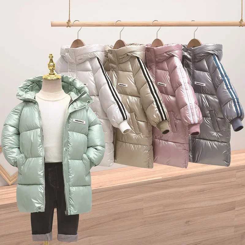 3-12 Years Winter Keep Warm Boys Jacket Long Style Solid Color Glossy Waterproof Stain Resistant Hooded Coat Teen Kids OuterwearXJ241021