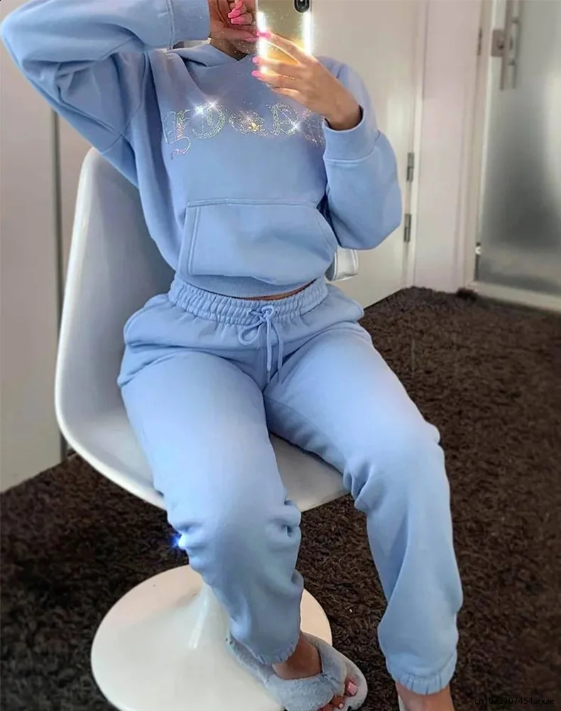 Womens High Waist Two Piece Set Suits Winter Velvet Hoodies Autumn Jogging Sport Loose Thick Sweatpants y2k Tracksuit Femme 241007Z
