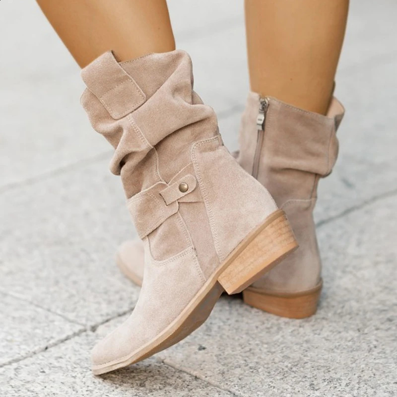 Botas de invierno para mujer, botines de ante de tacón bajo grande 40-43, botas largas marrones 260918