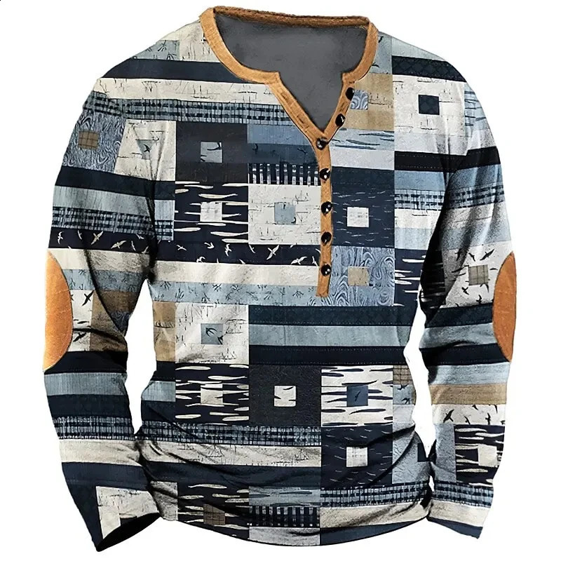 Retro mens decal T-shirt denim mesh graphic long sleeved button T-shirt 3D printed top oversized autumn mens clothing 241021