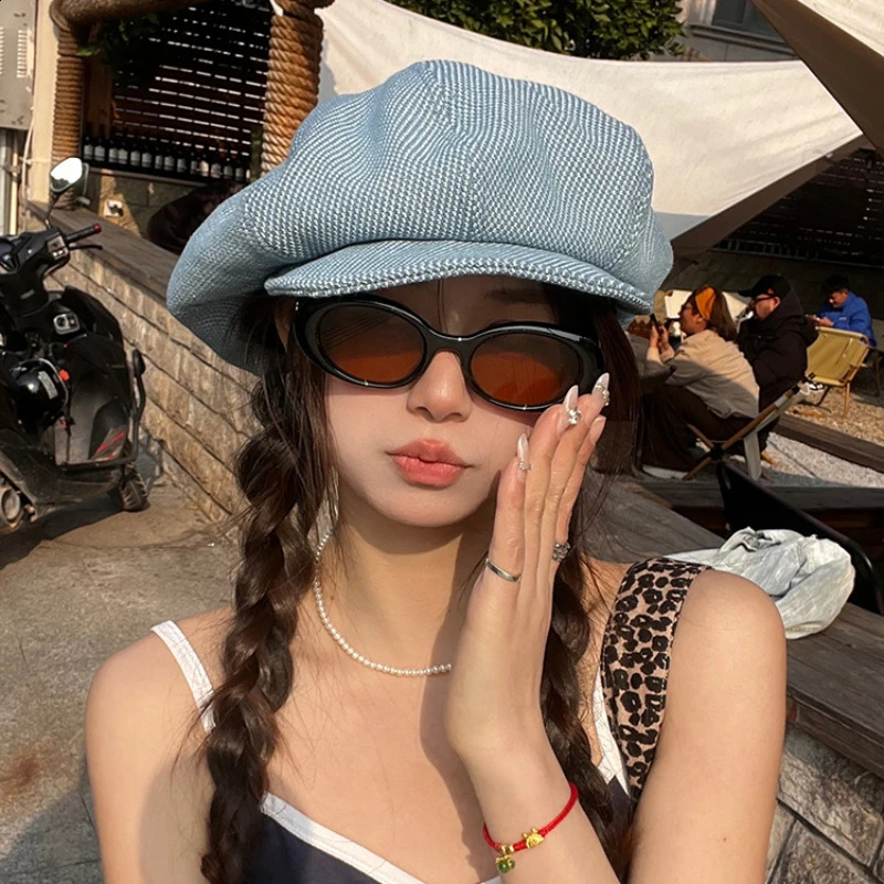 Oversized blue short octagonal hat suitable for womens spring and summer retro British style literature and Versatile Cloud Berets 241021