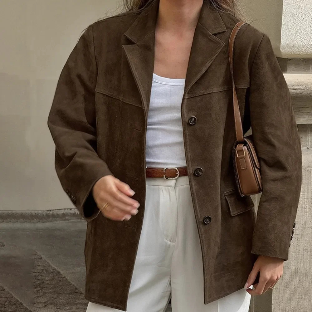 Brown frosted wool retro lapel loose suede jacket European American autumn and winter leopard womens set 241021