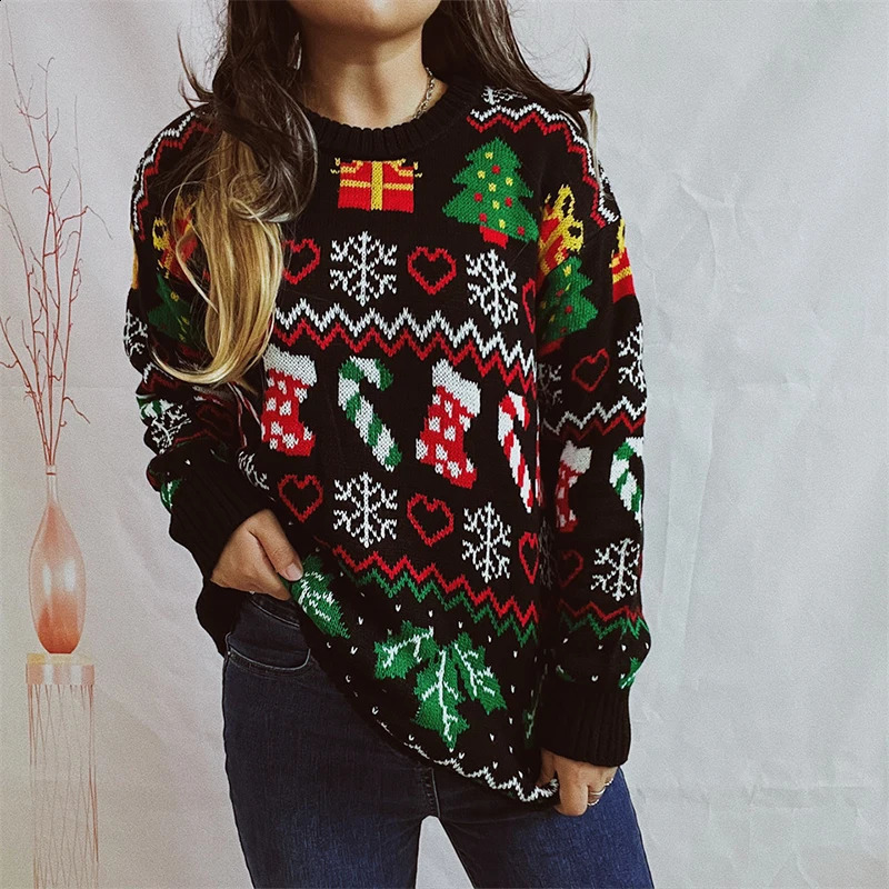 Pull de noël femmes tricoté rétro éléments de noël imprimé mignon décontracté col rond en vrac à la mode automne hiver pull pull 241021