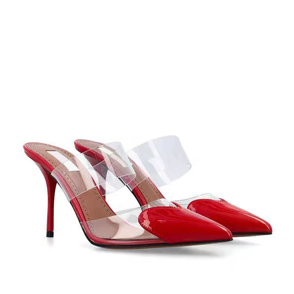 Top quality PVC Pointed toe Stiletto Slippers mule sandals Fashion patent leather Slide Designer dress shoes for women girls party evening shoes-image-986613024