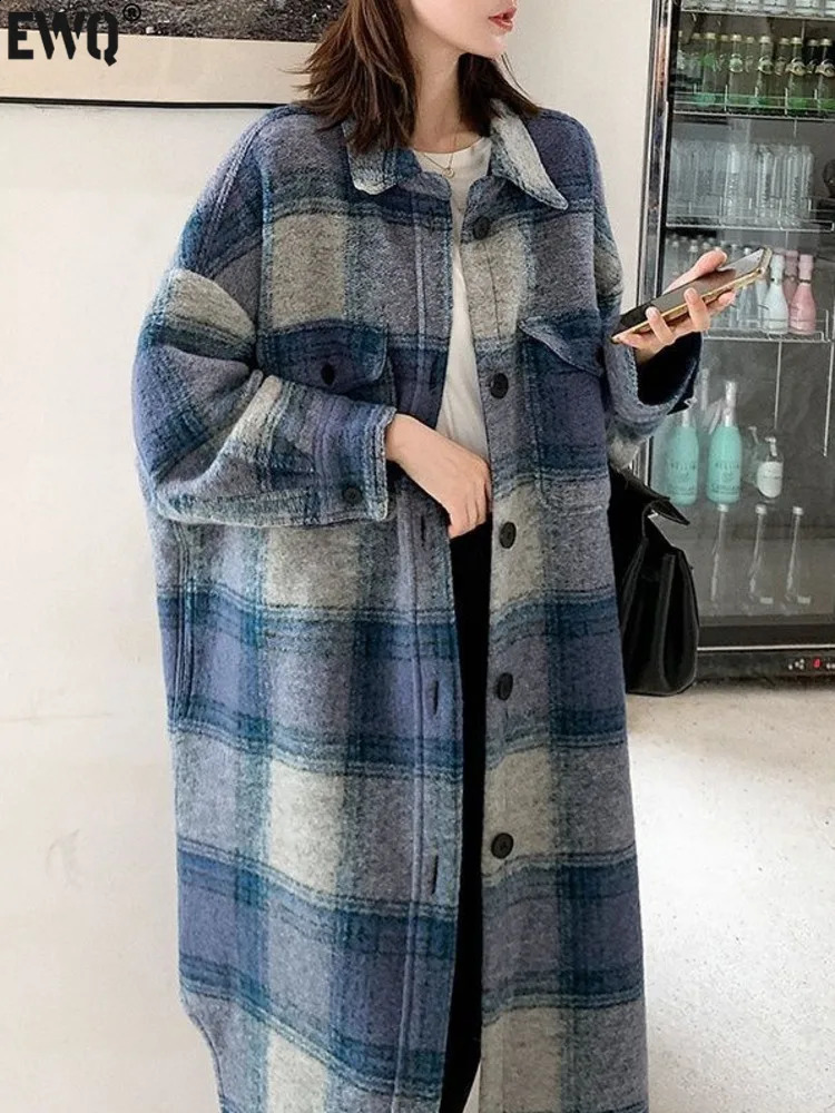 Korean loose long sleeved blue plain woolen coat single chest warm thick womens winter coat autumn 16O2474 241021
