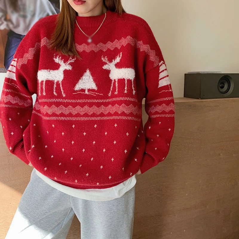 Pull de Noël pour femme avec imprimé cerf, manches longues, tricot doux, floral rouge, ample, décontracté, col rond, bas d'hiver chaud et élégant