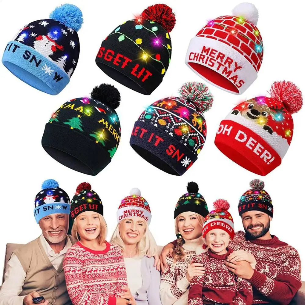 Années LED chapeau de noël pull tricoté haricot lumière de noël tricoté chapeau enfants chapeau décoratif de noël 241021