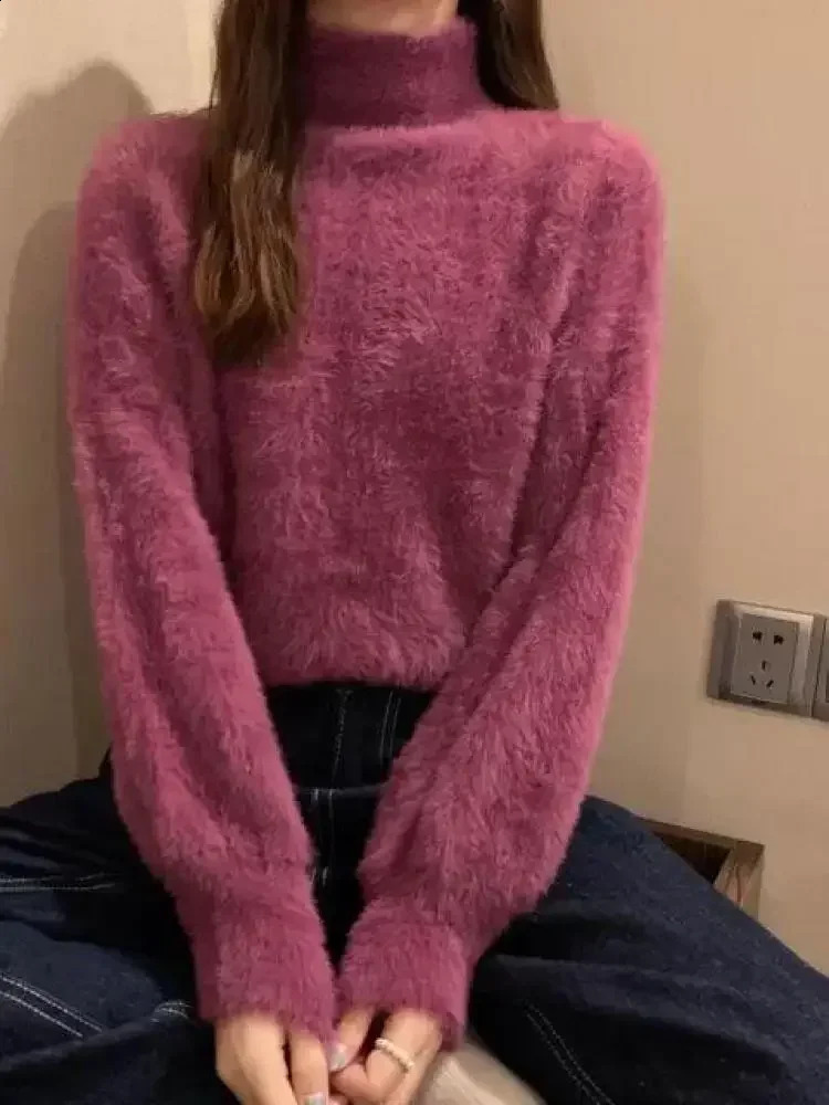 Winter Mink Wool Fleecing Female Turtleneck Thicken Elastic Casual Sweater Women Knitted Tops Pullovers Soft Warm 241021