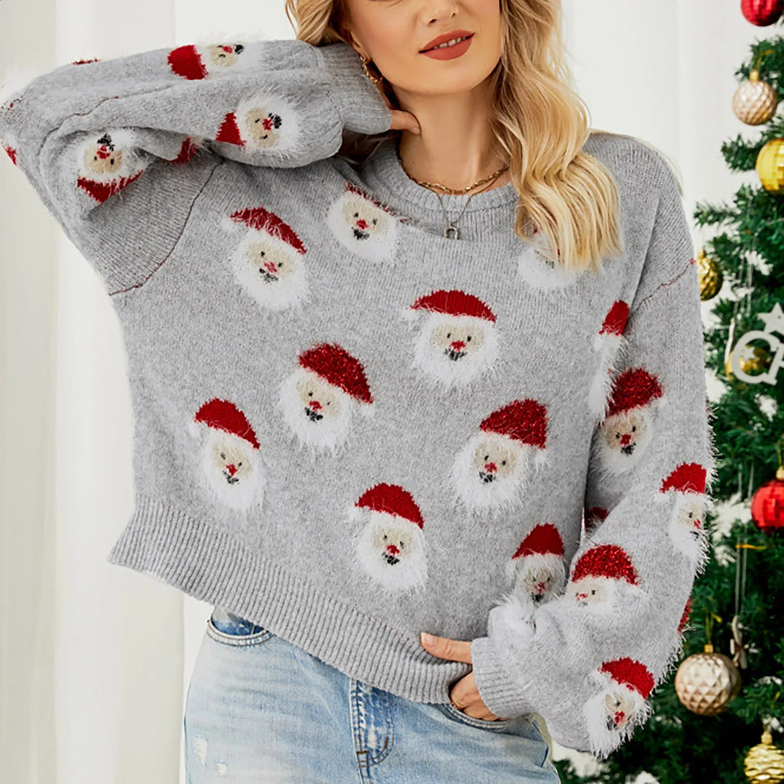 Pull tricoté à col rond de noël mignon père noël en vrac femmes mode d'hiver Pull chaud loisirs Chic Pull en laine vêtements Y2K 241022