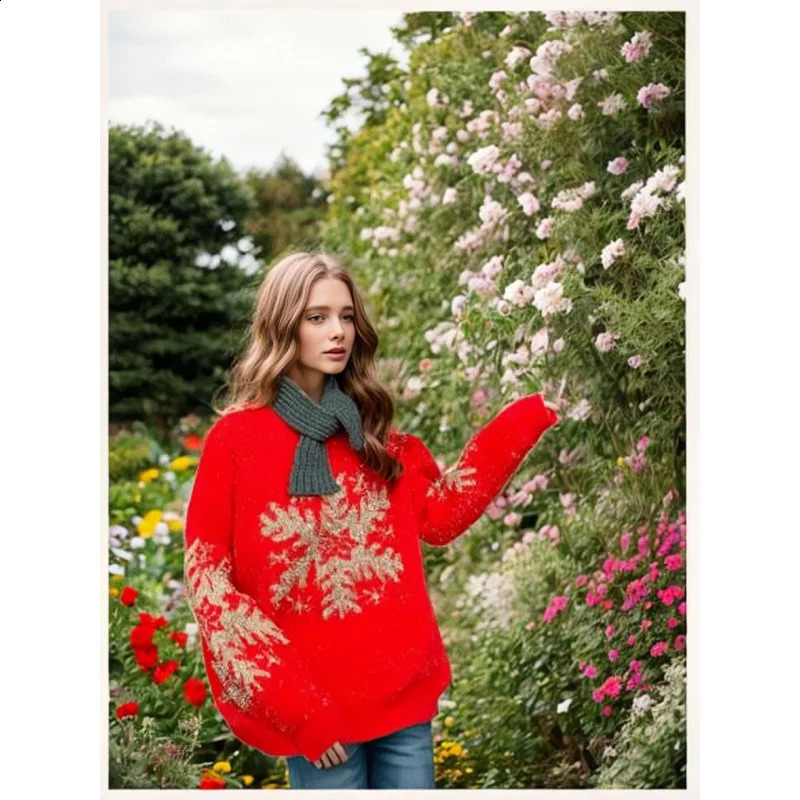 Automne / hiver en vrac Flake de neige Pull de Noël cou rond manche longues d'années à glissière féminine 241021