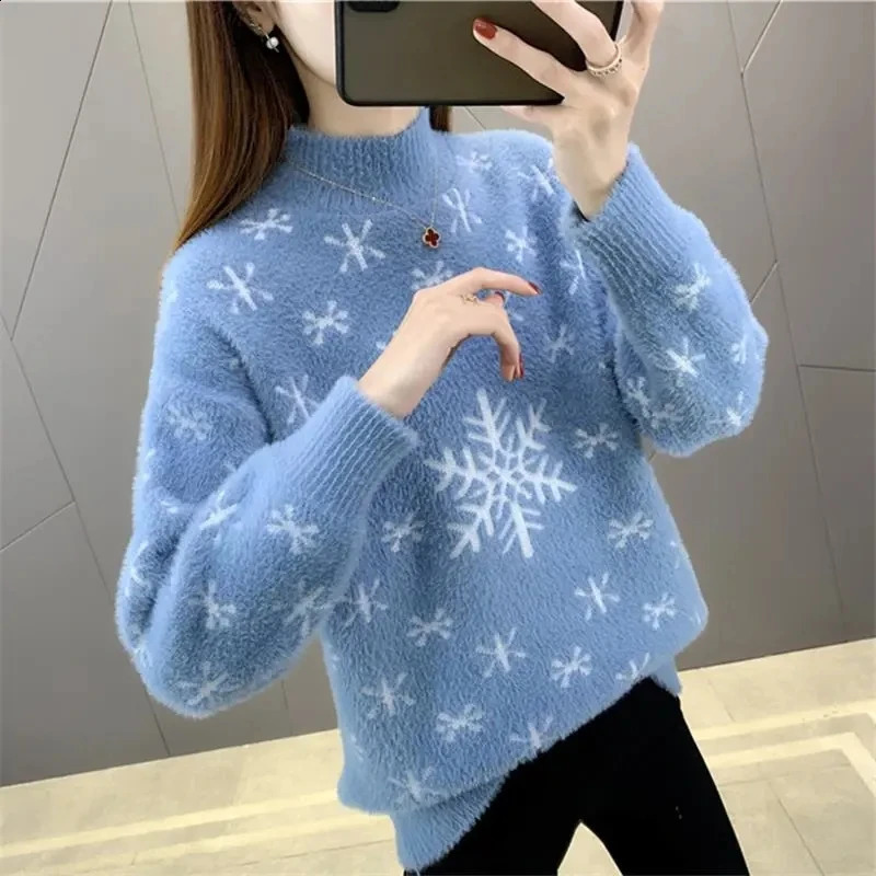 Mi-tortue couche tricoté Pull de Noël Flake de neige imitation de vison fourrure Pulte en peluche 2024 AUTOMNE ET HIVER HOPE TOP 241021