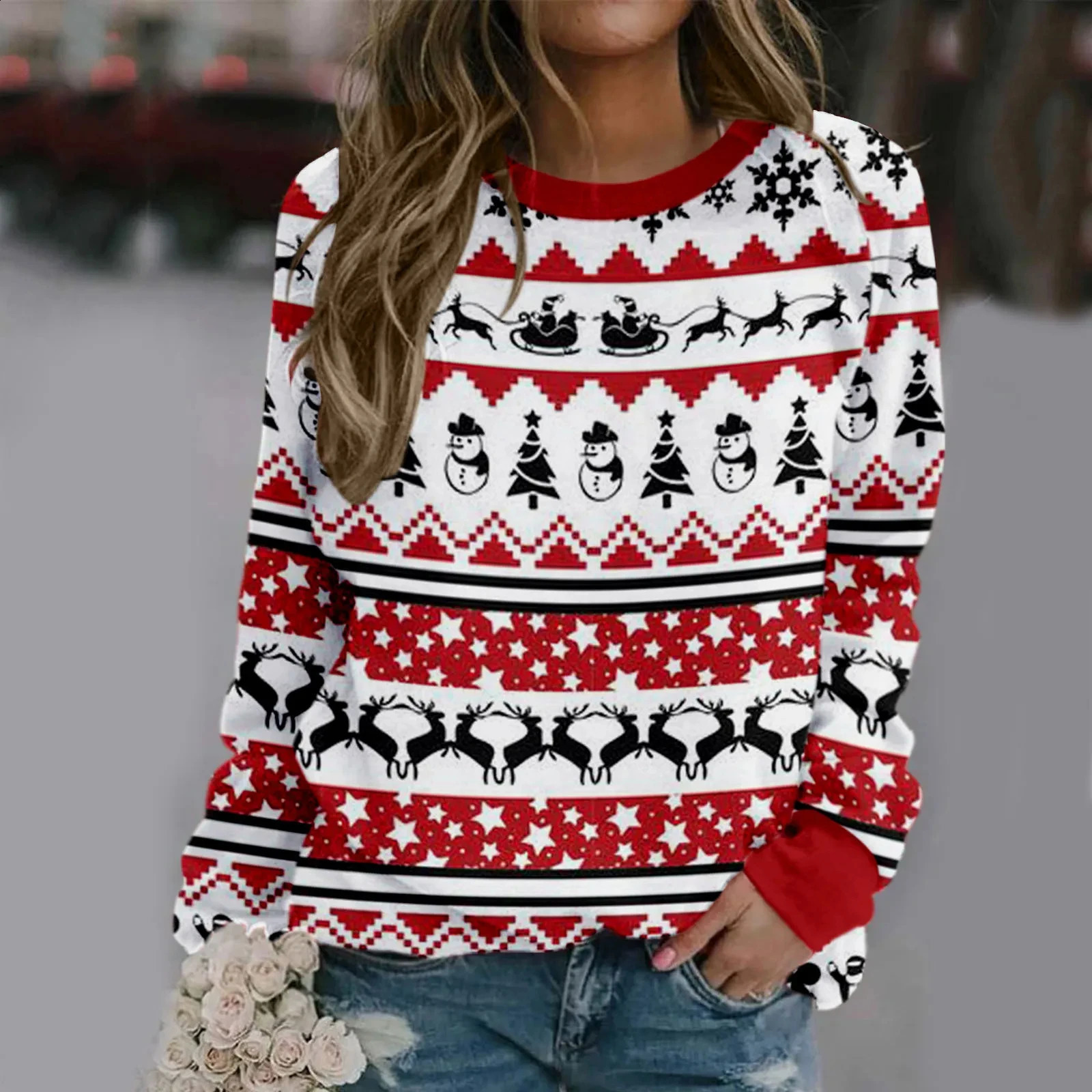 T-shirt de coton de Noël pour femmes en O-cou harajuku pull d'automne filet fileter harajuku à manches longues pour femmes vêtements surdimension