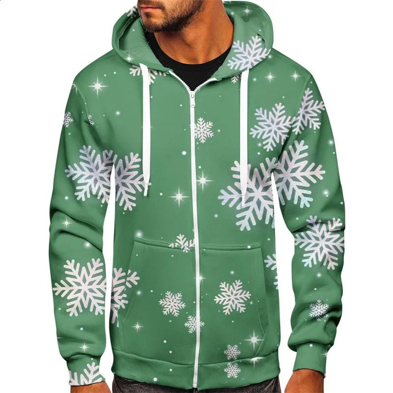 Mens Spring and Autumn Loose Hoodie Long Sleeve Christmas Pattern Casual Zipper Sweater Christmas Clothing 241022