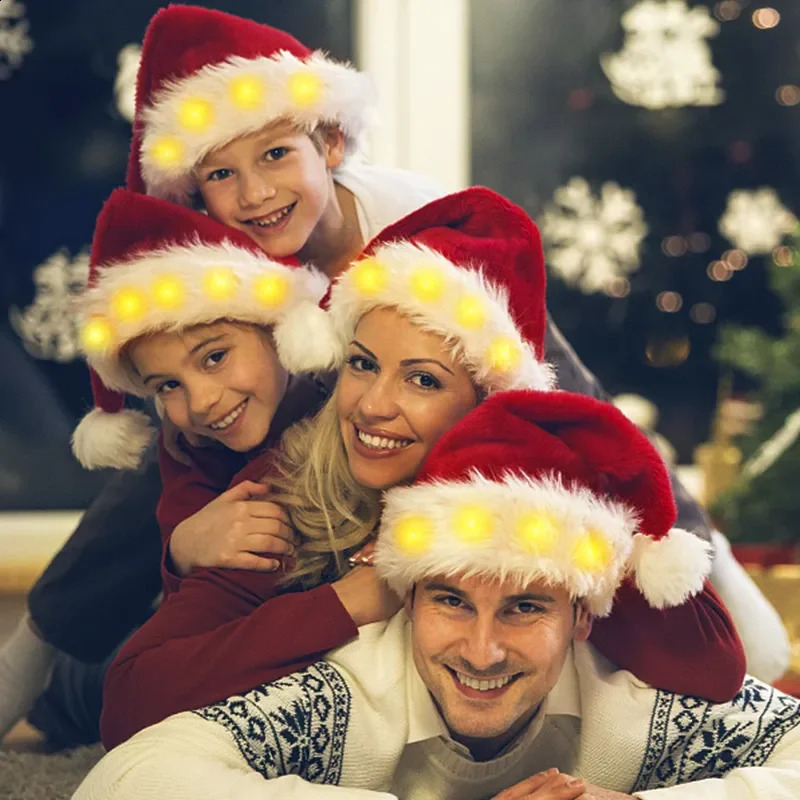 2024 Christmas Hat LED Illuminated Brim Soft Plush Christmas Hat Adult Children Female Male Christmas Gift Navidad Natal Christmas Decoration 241