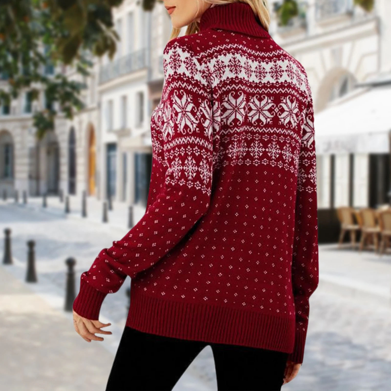 Pull d'hiver pour femmes ajustement motif de flocon de neige tricot tricot tople à manches longues de Noël à manches longues semi haut