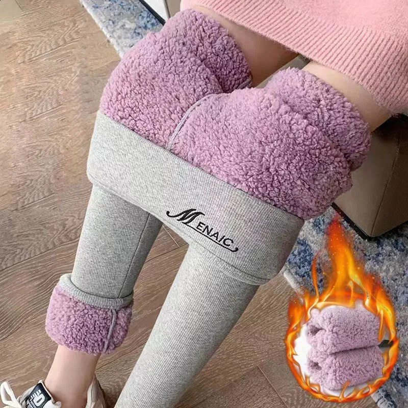 Winter Warm Womens Pants Thick Waist and Long Legs Solid Elastic Wool Lining Ankle Length Womens Trouser Lambwool 241021