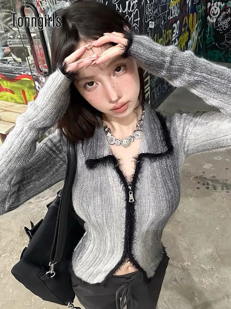 Tonnes tonnes pull gothique femme tricot à cravate en tricot cardigan laine de laine Patch travail y2k rétro top street vêtements d'automne et d'