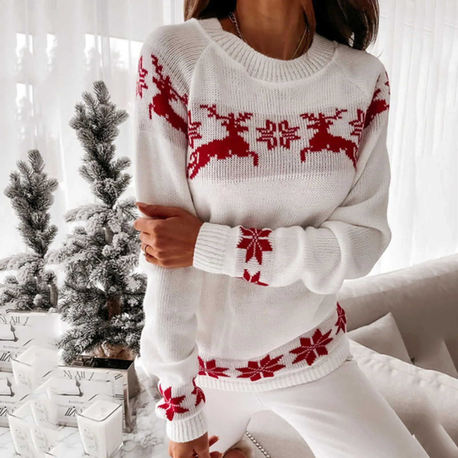 Sweater womens Christmas deer knitted long sleeved round neck womens skydiving fashion casual winter autumn latte top 241021