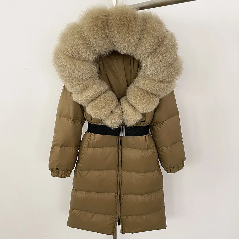 Natural Thick Warm Long Winter Jacket Women Real Big Fox Fur Collar Belt Loose Puffer Parka 90% White Duck Down Coat 241022