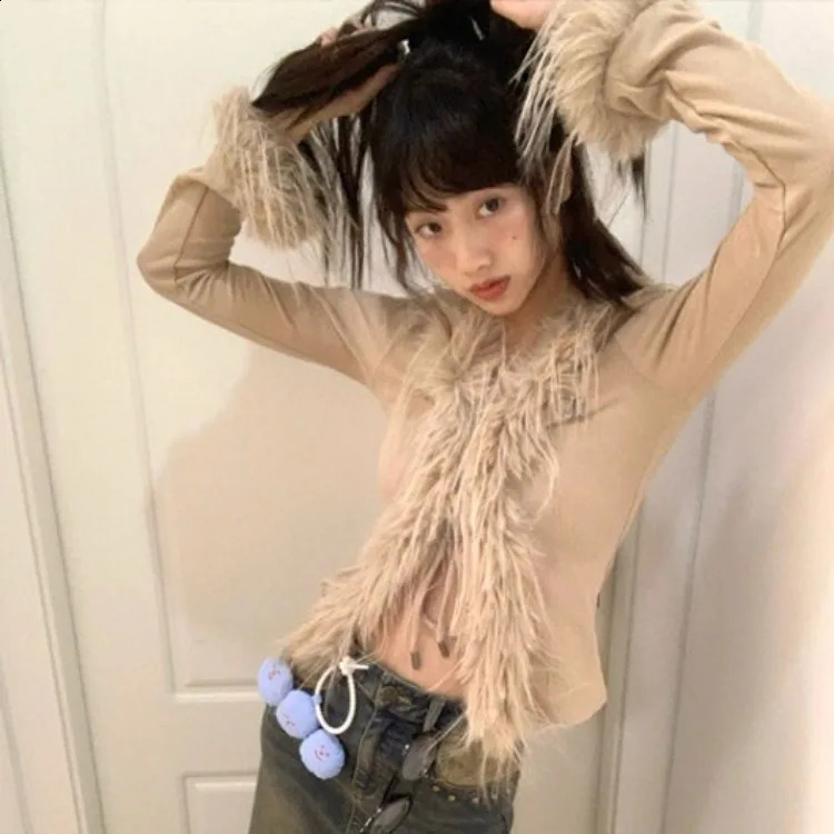 T-shirt cardigan en dentelle en V moelleux à la mode pour le haut à fond d'automne et d'hiver pour les femmes Pull à manches longues Slim Fit Y2k