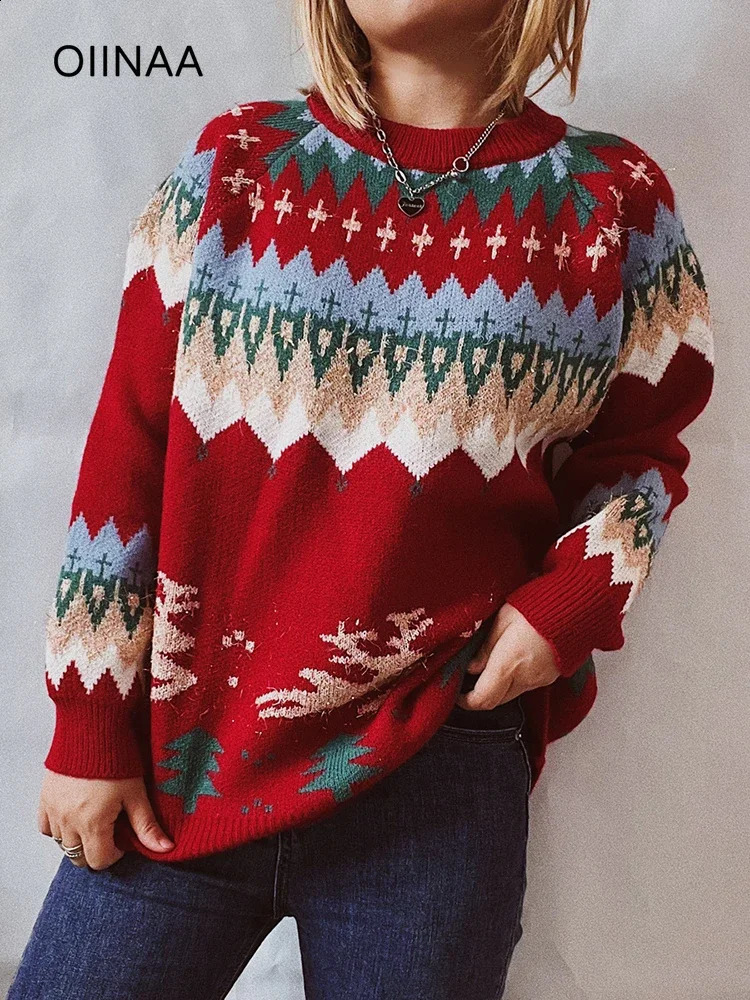 Knitted sweater womens Christmas tree zipper O-neck sweater fashionable autumn and winter loose and warm casual womens zipper 241021