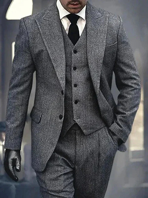 3 Pieces Men's Grey Herringbone Suits Formal Slim Fit Lapel Tweed Prom Tuxedos For Wedding Groomsmen BlazerVestPants 260918