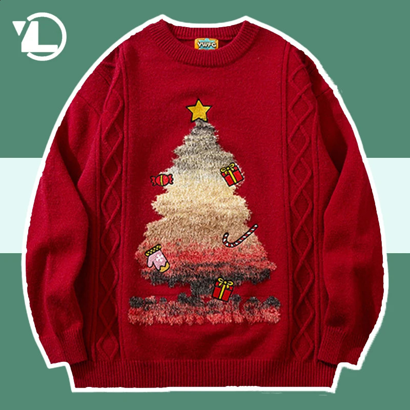 American Street Sweater Winter Mens Retro Loose Plush Christmas Tree Knitted Sweater Unisex Hip Hop Casual Warm Pull 241022