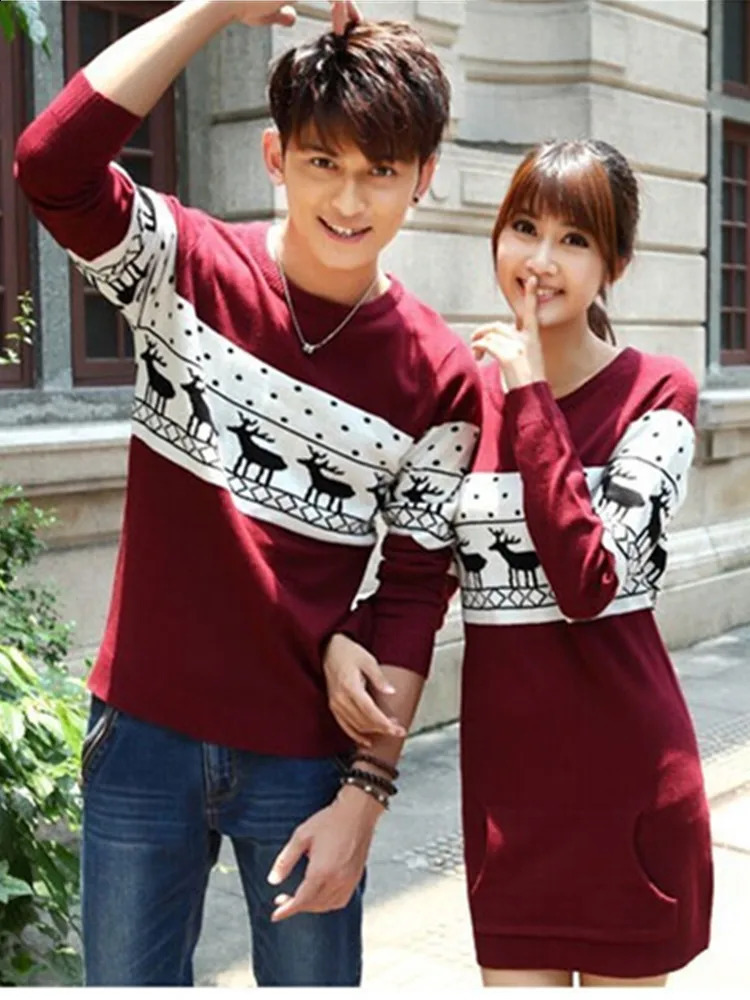 Automne / hiver Homme / Femmes à manches longues Vins Rouges Tricots Floral Match Paire de cerfs Pull de Noël Femmes Sautage 241021