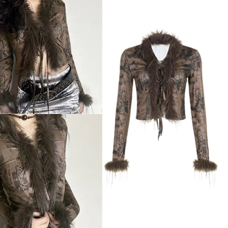 Vintage printed womens crop top womens fur collar long sleeves layered top open top sexy top 241021