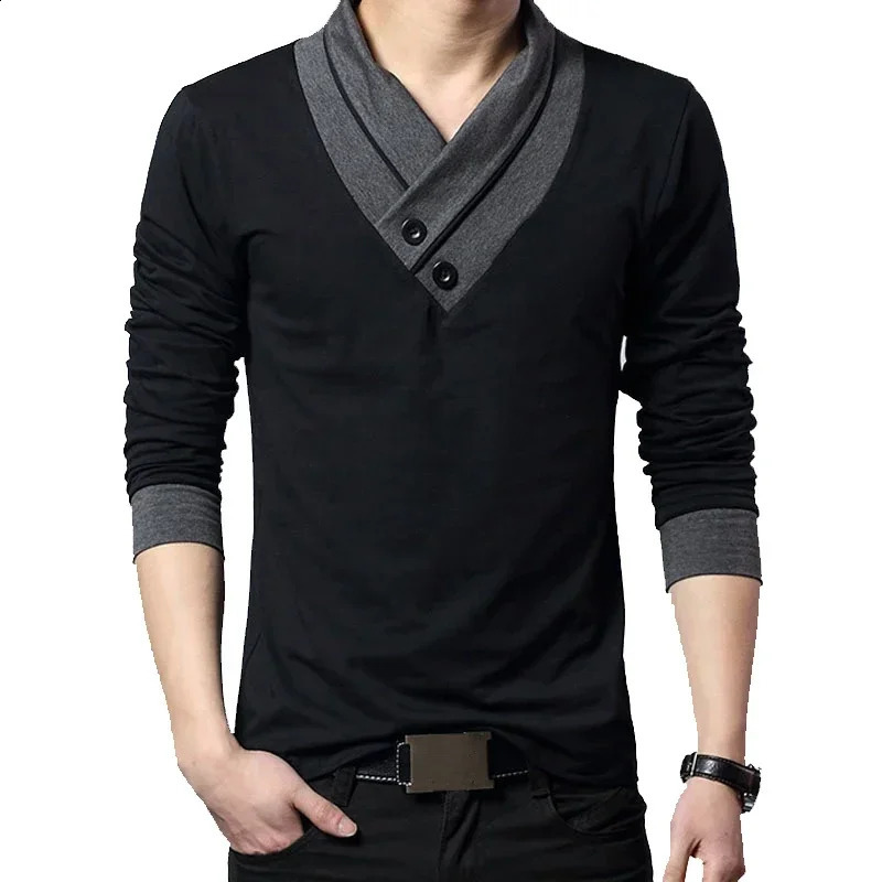 2024 Fashion Trend Slim Fit à manches longues Mentes Spliced Work Collar T-shirt V-Neck Mens T-shirt T-shirt Coton Plus taille 5xl 241021