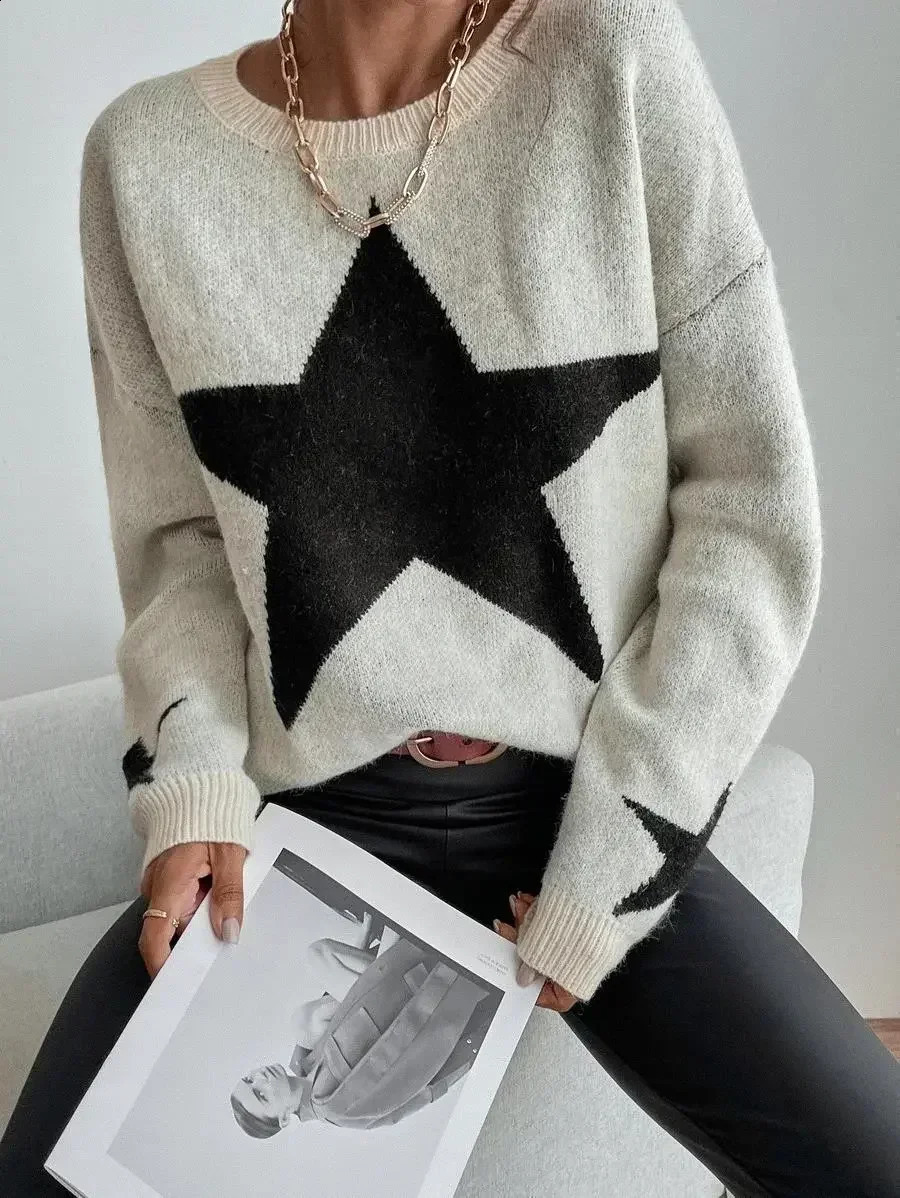 2024 Knitted Womens Sweater Loose Casual O-neck Star Thick Casual Zipper Womens Parachute Elegant Winter Spring Trendy Sweater 241021