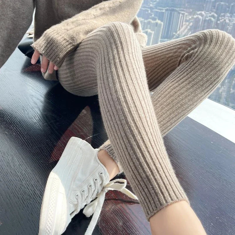 Knitted long legs autumn and winter womens high waisted casual wool Korean mens ribbed thick elastic ankle pants 241021