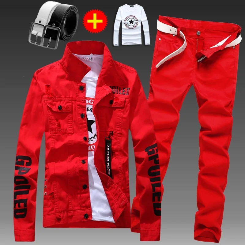 Veste en jean coupe slim pour hommes, ensemble 2 pièces, manteaux à manches longues, lettre imprimée décontractée, grande taille, pantalon noir e