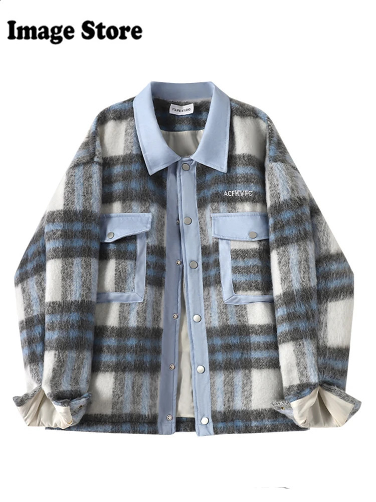 Winter womens retro Harajuku plain weave wool jacket with single breasted jacket old style with a loose and thick collar for warmth 241021