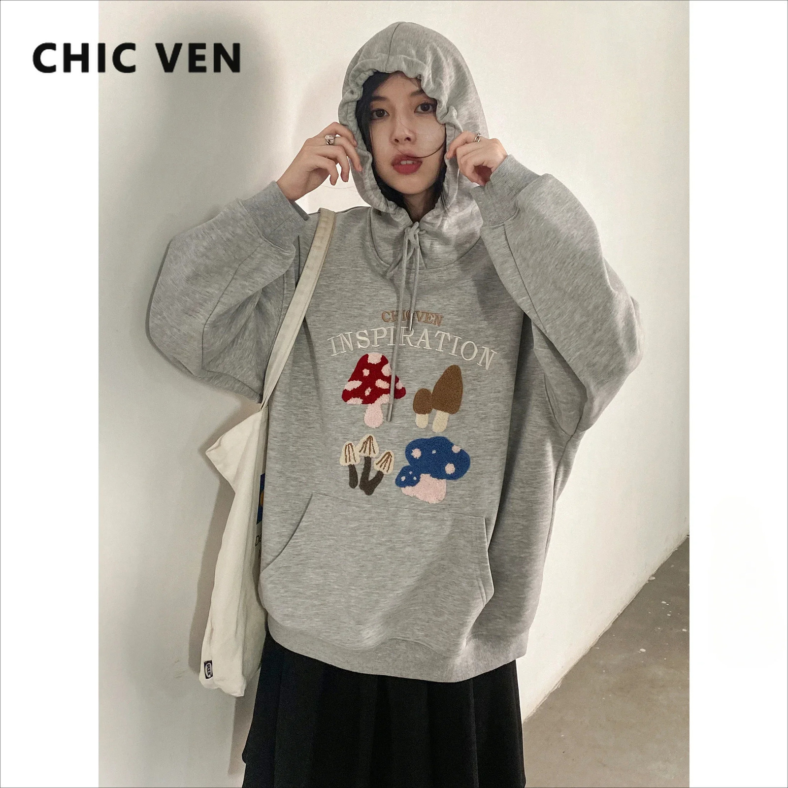 CHIC VEN Korean womens sportswear loose hoodie cartoon embroidery hoodie plush coat pull flower womens top deep autumn 241021