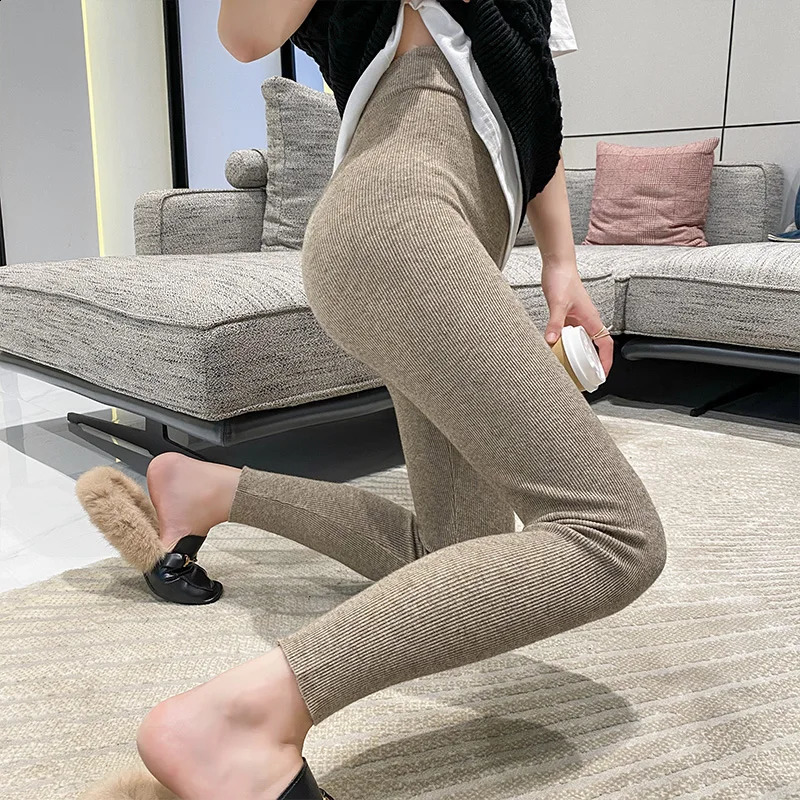 Autumn and winter womens wool thickened long legs high waist ribs vertical stripes casual knitted long legs warm pantyhose 241021