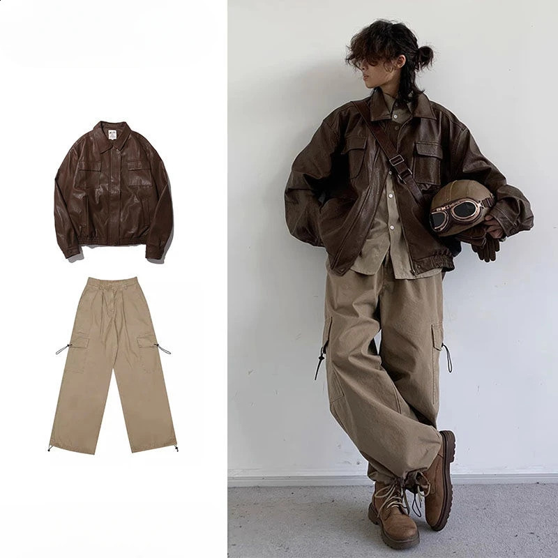 Veste en cuir marron neutre classique de style coréen adapté aux hommes et aux femmes.Japonais en désaccord sur la tendance S 241021