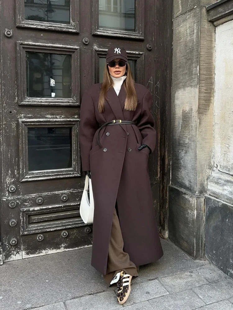 Fashion pocket long sleeved casual coat for women elegant double chest lapel wool coat womens autumn warm streetwear 241021
